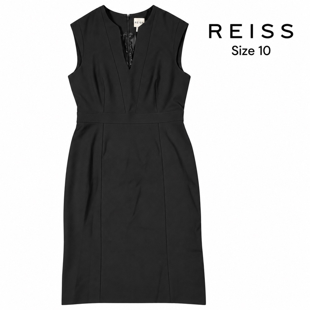 REISS Haven Dress US 10 Black Wool Blend V Neck Tailored Sheath Career Midi